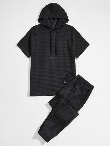 

men drop shoulder textured drawstring hoodie & joggers set l6kg#, Gray