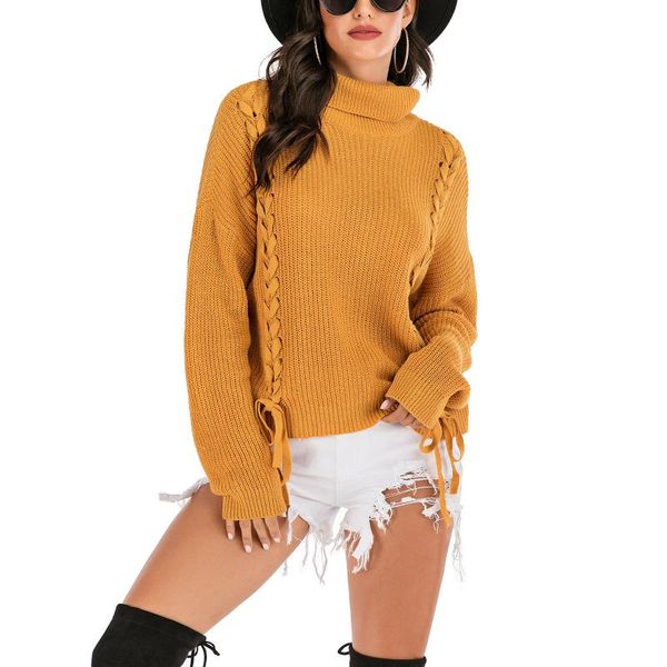 

women's sweaters women solid color sweater, adults tie-up loose long sleeve high collar knitwear (yellow), White;black