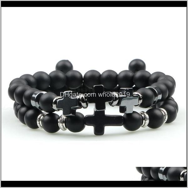 

strands jewelry drop delivery 2021 2pcs/set cross braided bracelet 8mm polished matte tiger eye us bracelets handmade adjustable elastic, Black