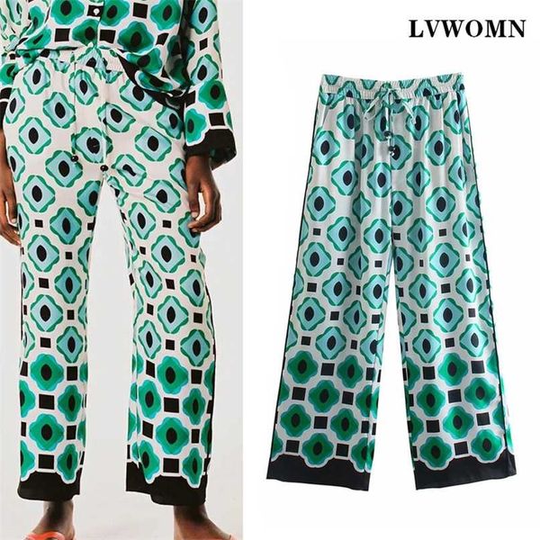 

lvwomn za women's pants summer vintage geometric printed pants female high elastic waist wide leg women clothing trousers 211007, Black;white