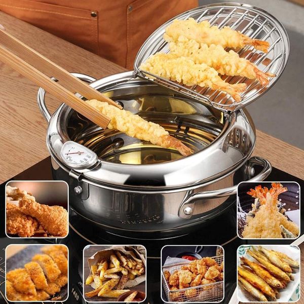 

pans 2021 japanese deep frying pot with and lid 304 stainless steel kitchen tempura fryer pan cooking pots