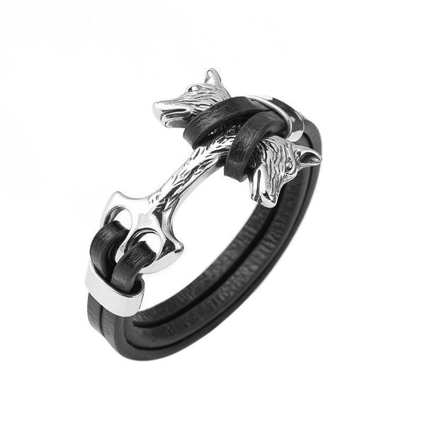 

beaded, strands 2021 selling ship anchor woven leather bracelet titanium steel wolf head double stainless, Black