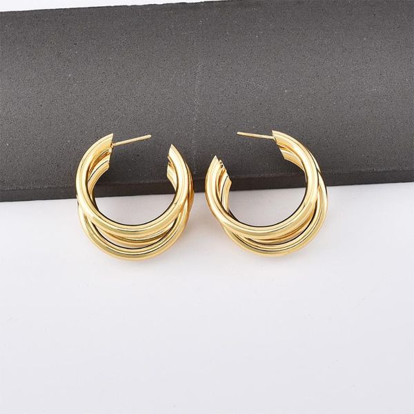 

hoop & huggie 2021 golden fashion personality street shooting simple c-shaped round tube 3 women's earrings, Golden;silver