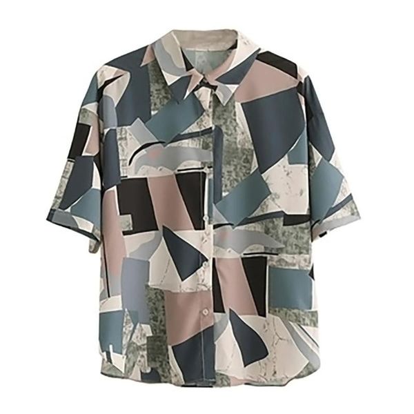 

retro geometric pattern short sleeve women loose chiffon casual blouse shirt women's blouses & shirts, White