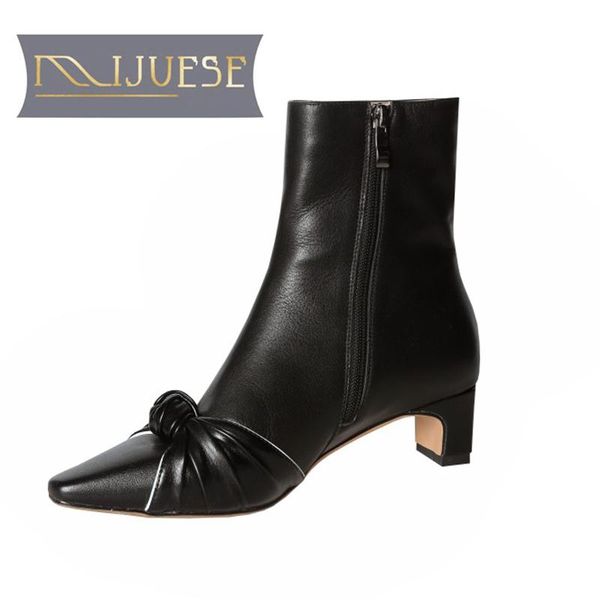 

boots mljuese 2021 women ankle cow leather zippers butterfly-knot winter short plush square toe high heels, Black