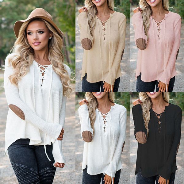 

fashion women's lady v-neck bandage lace up blouse shirts jumper cotton casual loose long sleeve blouses shirt clothes, White