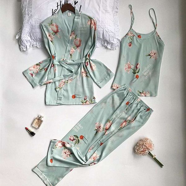 

nightwear lady printed flower kimono robe gown satin casual sleepwear bathrobe set v-neck lounge home dressing suit women's uvba, Black;red