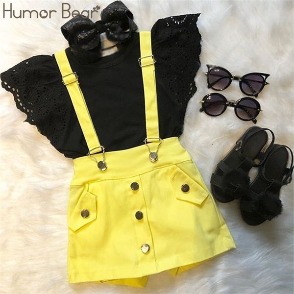 

humor bear girls clothes sets toddler baby lace short sleeve black t-shirts +yellow bib overalls shorts 2pcs clothing suit 0926, White
