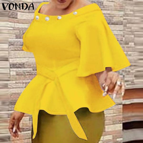 

women's blouses & shirts women tunic elegant 2021 vonda short sleeve office ladies casual belted ruffled blusas femininas plus siz, White