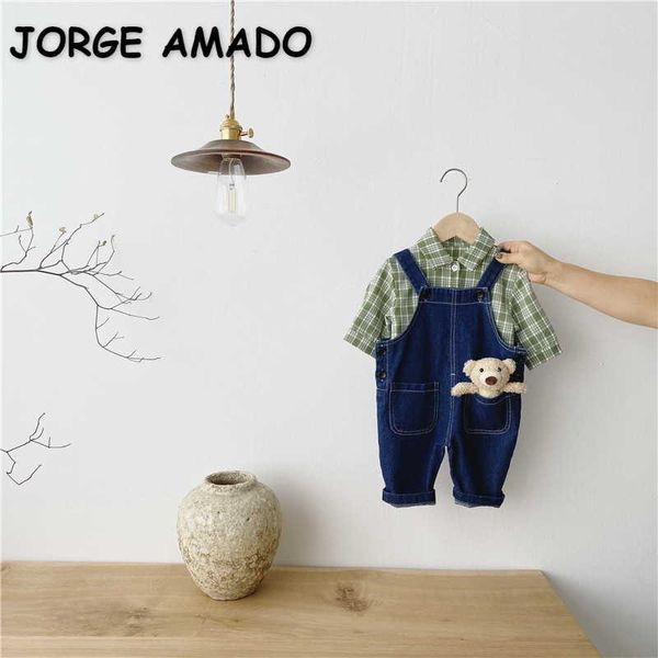 Summer Baby Boys Girl Set da 2 pezzi Camicia scozzese a maniche lunghe + Salopette jeans Completi per bambini E5053 210610