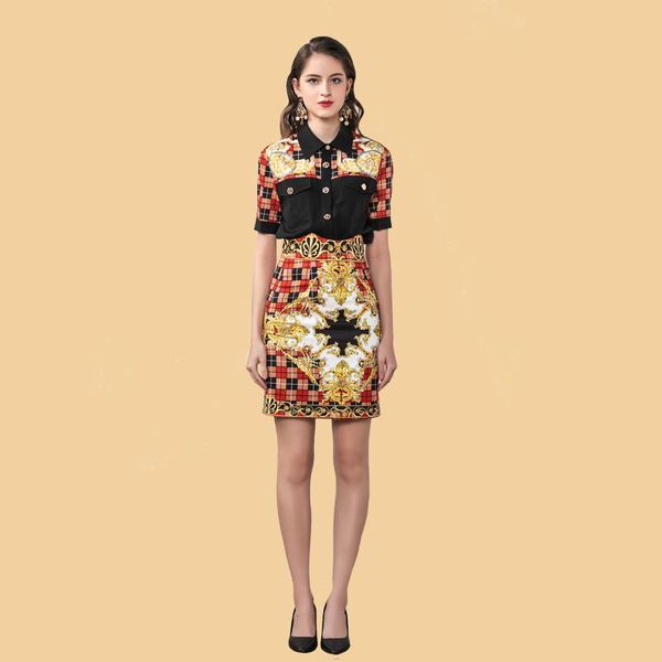 

two piece dress designer 2021 women spring summer short sleeve lapel blouse + mini skirt crystal sequins lattice print elegant 2 set, White