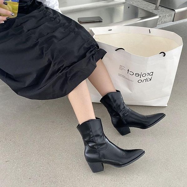 

boots cml2021 women's shoes pointed thick heel sleeve handsome short, Black