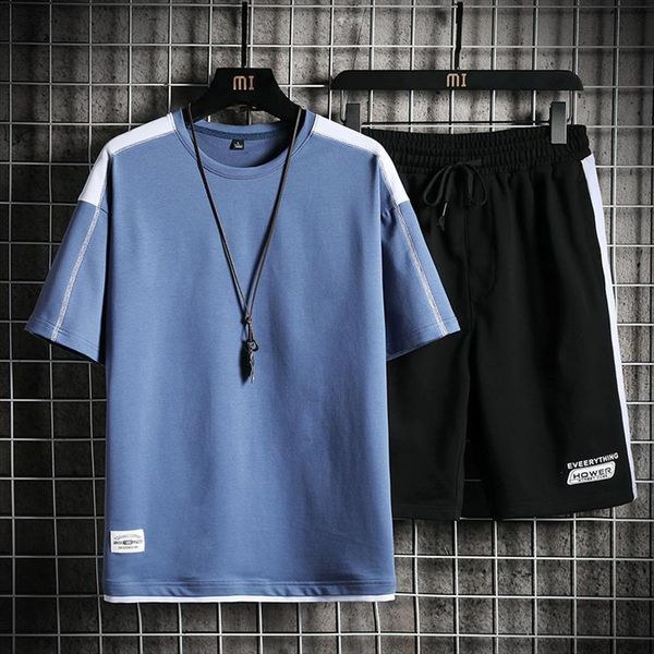 

summer casual sets sportswear mens tracksuits sports suit o neck clothing solid patchwork short sleeve shorts 2pcs, Gray