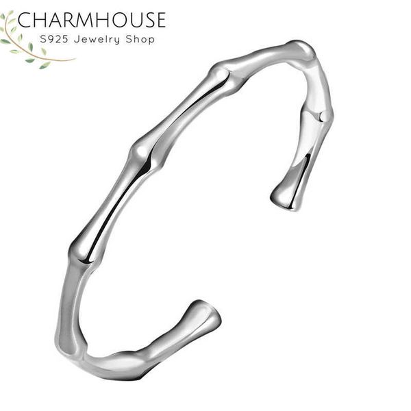 

solid 925 silver bangles & bracelets for women bamboo cuff bangles adjustable wristband pulseira fashion wedding jewelry bijoux q0719, Black