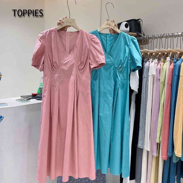 

ies summer dresses woman puff sleeve a line dress short sleeve v-neck midi dress korean clothes 210412, Black;gray