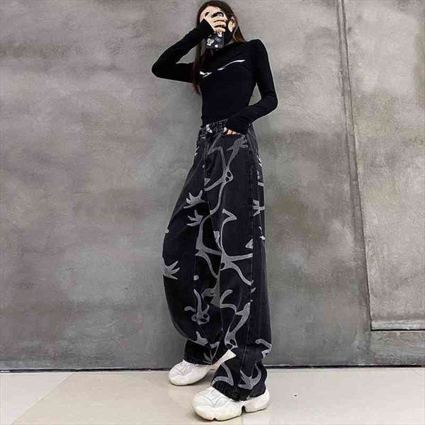

design sense straight high waist women jean slim draped loose distressed black wide-leg pants y2k retro trend, Blue