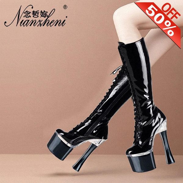 

boots fashion 18cm high heeled shoes zipper patent leather spool heels  inches nightclub pole dancing thigh big size super, Black