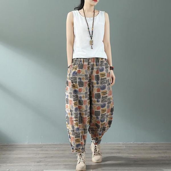 

women's pants & capris trousers 2021 spring retro printing fashion cotton linen women large size elastic waist casual bloomers, Black;white