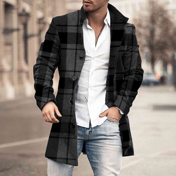 

men's slotted long sve et, fashion coat, high collar, medium length, plaid, single button, Black
