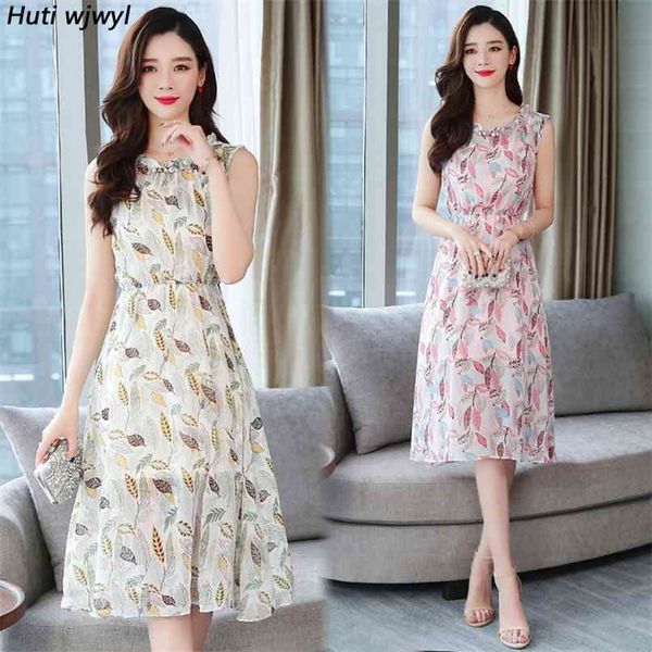 

summer print chiffon beach midi dresses vintage plus size sleeveless boho sundress women bodycon elegant party vestidos 210528, Black;gray