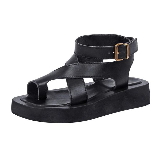 

sandals women genuine leather 2021 summer clip toe ladies roman shoes muffin, Black