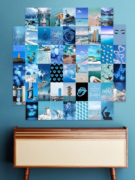 

window stickers 50pcs wall sticker aesthetic blue po poster postcards collection kit fade-resistant home decorative paper decals