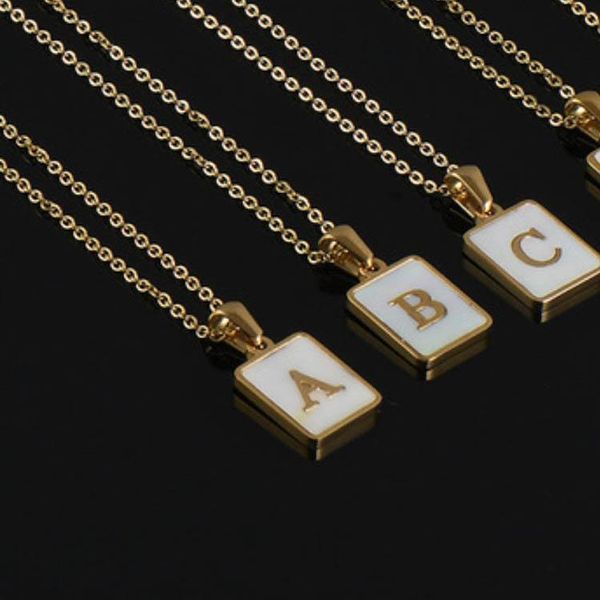 

fashion alphabet letter pendant necklaces initials a to z letters square charm with white shell luxurious gilding necklace, Silver