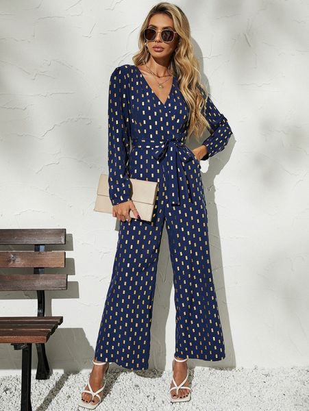 

gold geo print surplice neck belted jumpsuit u2o7#, White