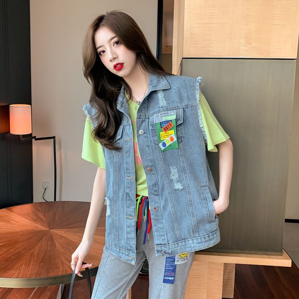 

women's knits & tees heavy work nail beaded denim vest women spring/summer wear sleeveless hole-breaking jacket casual creative 2e, White