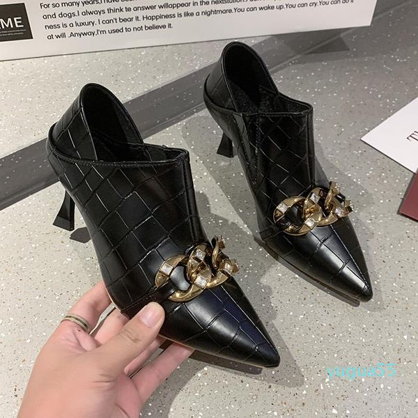 

dress shoes elegant chain genuine leather female pointed toe women pumps spring thin high heels big 4121, Black