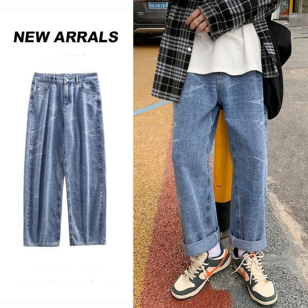 

men's jeans 2021 men pant fashion die dye print straight loose washed cotton korean casual clothing black blue denim trousers1