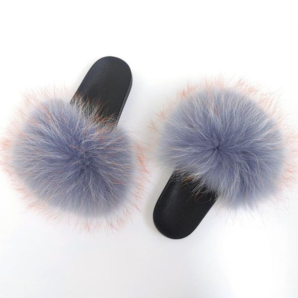 

woman sandals 2021 luxury raccoon fur slippers high end plush flip flops flat furry fashion custom slides wholesale, Black