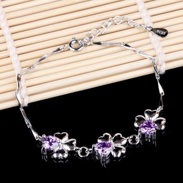 

charm bracelets 100% 925 sterling silver fashion purple crystal flower ladies`bracelets jewelry no fade bracelet female women gift, Golden;silver