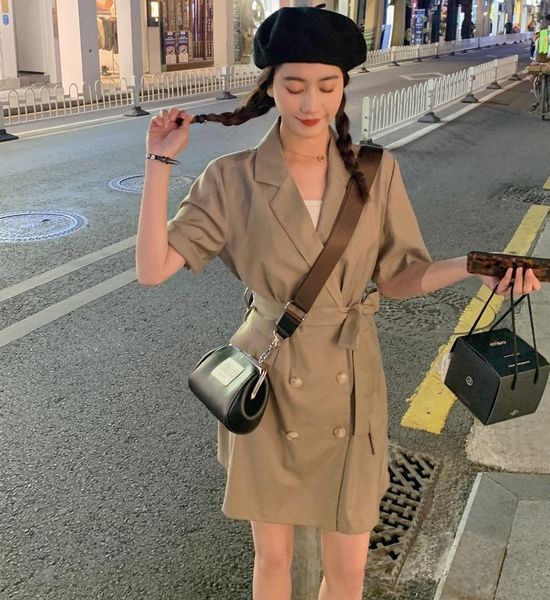 

waist slimming high-end sense of suit skirt women's simple commuter one-piece short short-sleeved dress 210429, Black;gray