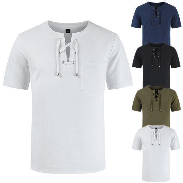 

men's shirts 2021 hort leeve t- cotton hemp lace up caual fahion big, White;black