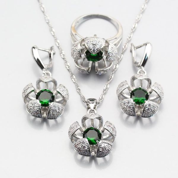 

earrings & necklace selling three-dimensional silver color green created emerald flower jewelry sets for women ring 6/7/8/9/10 js390