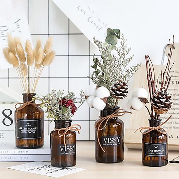 

decorative flowers & wreaths natural hydroponics plant dry flower bouquet wheat with brown glass vases set diy style wedding table decoratio