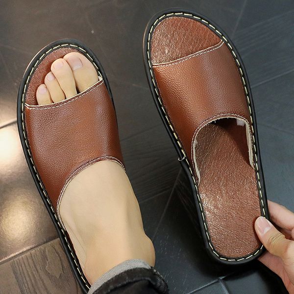

men women slippers genuine leather summer flip flop shoes sandals couple fashion non-slip flat indoor casual house slides, Black