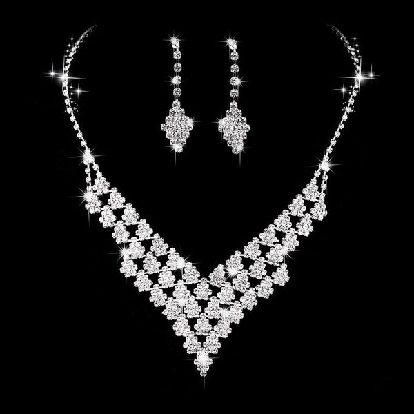 

earrings & necklace l83 shiny three-layer deep v hollow set chain romantic bride zircon wedding dress 2-piece, Silver