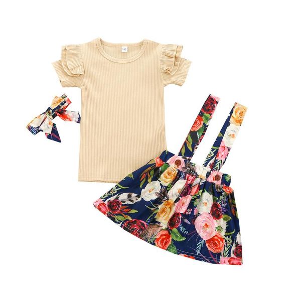 

3pcs little girls outfit summer solid color sleeve round collar + floral printing suspender skirt bow headwear clothing sets, White