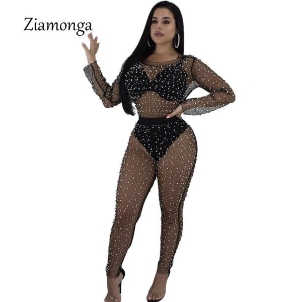 

women's jumpsuits & rompers ziamonga bodycon women overalls one piece mesh beaded womens jumpsuit summer fitness slim body mujer 2021 s, Black;white