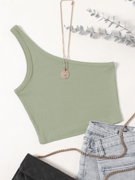 

one shoulder rib-knit crop k1lu#, White