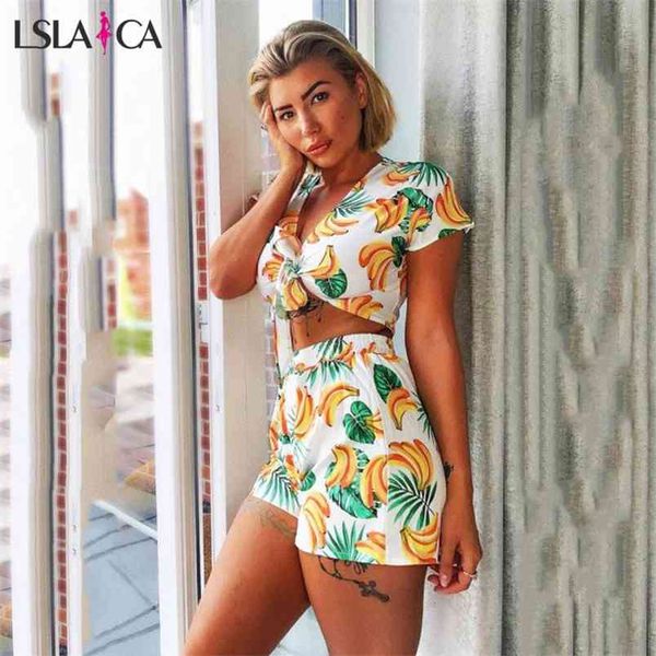 

banana print strap bow casual women's two-piece summer navel short-sleeved shirt + track shorts 210515, White