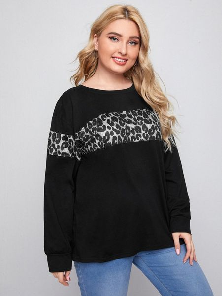 

plus contrast leopard drop shoulder sweatshirt g1ax#, Black