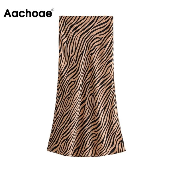 

aachoae elegant zebra print skirt high waist office wear midi skirts fashion a line satin skirts womens mujer faldas 210412, Black