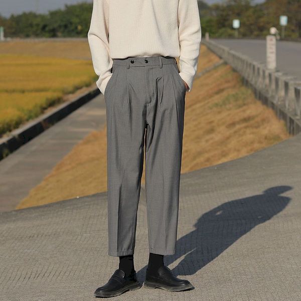 

casual pants men solid loose ankle-length chic simple button fly all-match new korean style mens streetwear trendy ulzzang men, Black