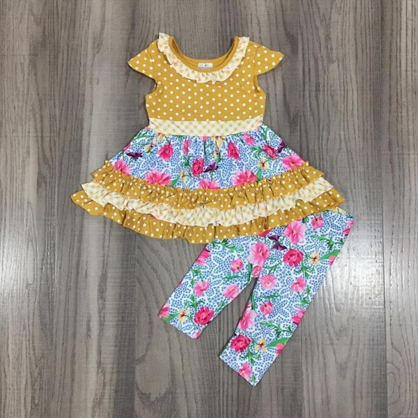 

spring girls short sleeve polka dots mustard dress floral pants outfit, White