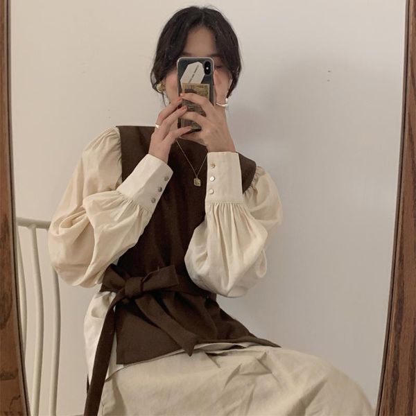 

two piece dress autumn winter 2 suit elegant outfits long sleeve o-neck loose blouses femme and tank solid mujer korean, White