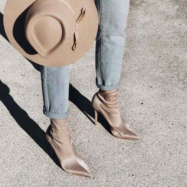 

boots pointed toe thin heeled ankle women's autumn and winter high-heeled bare elastic socks, Black