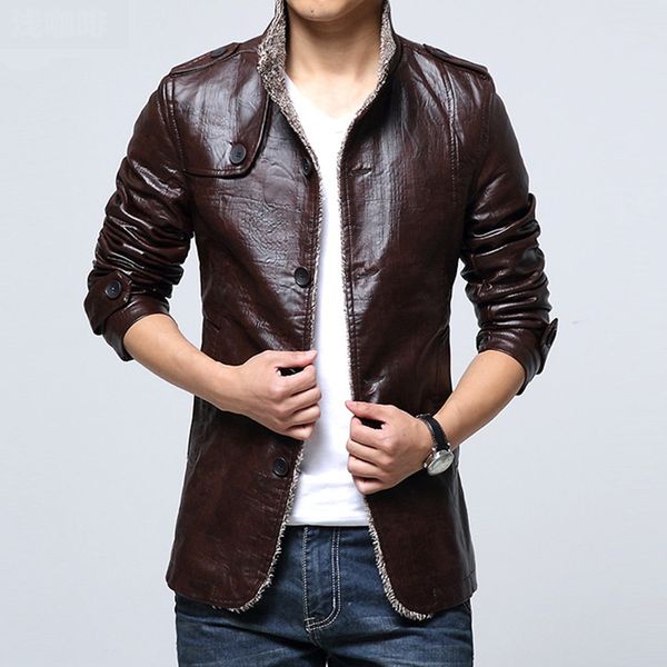

khaki color solid color pattern men s leather jacket high-quality stand-up collar retro comfortable windproof and warm fashion travel commut, Black